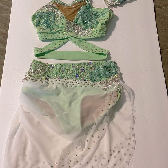 Solo custom dance costume leotard 2 piece mint green rhinestoned LC child - Picture 3 of 13